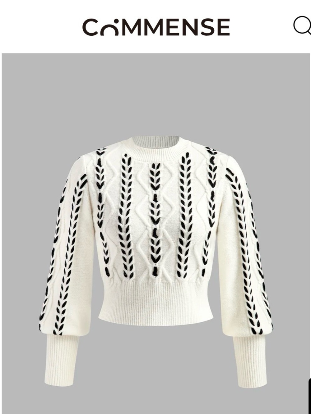 NWT! COMMENSE White Cable-Knit Balloon Sleeve Sweater with Black Stitching